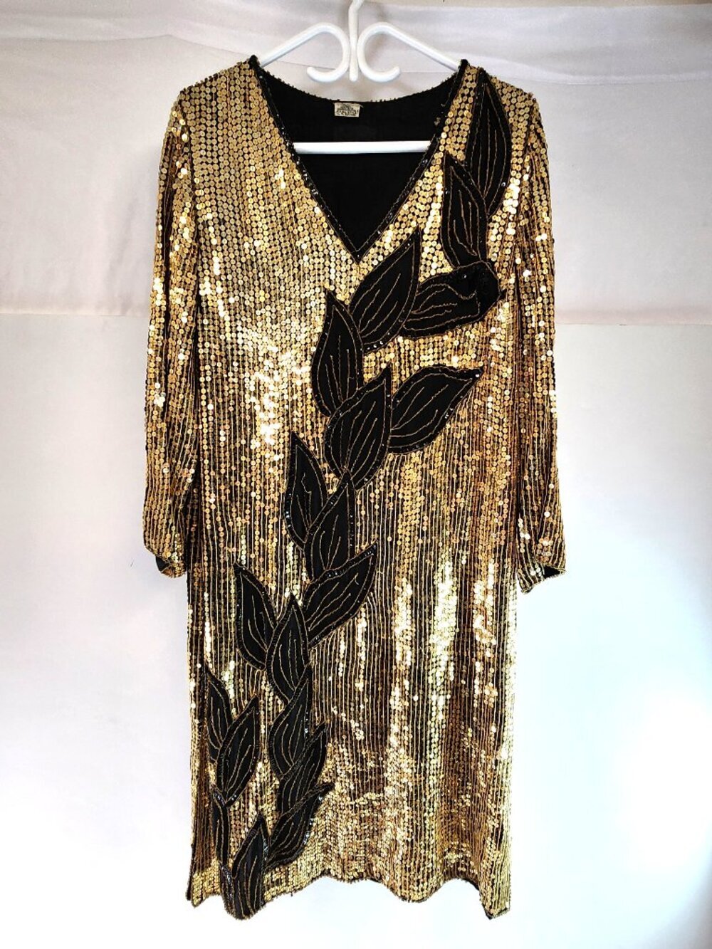 Vintage Black Silk / Gold Sequin Midi Dress 1980s Leaf Pattern